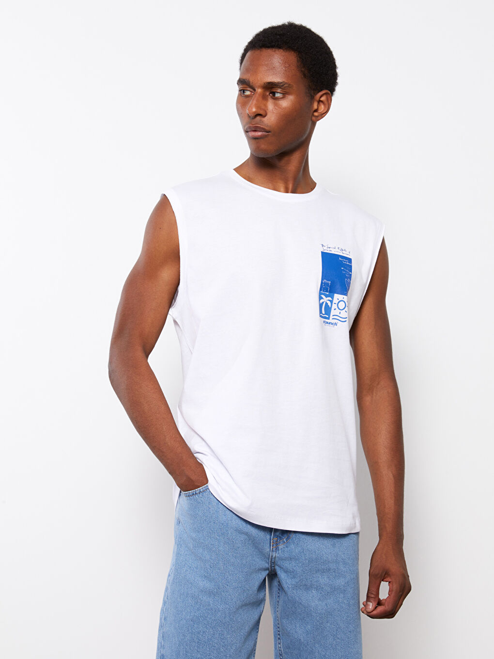 Beyaz Bisiklet Yaka Baskılı Penye Erkek Kolsuz Tişört-1