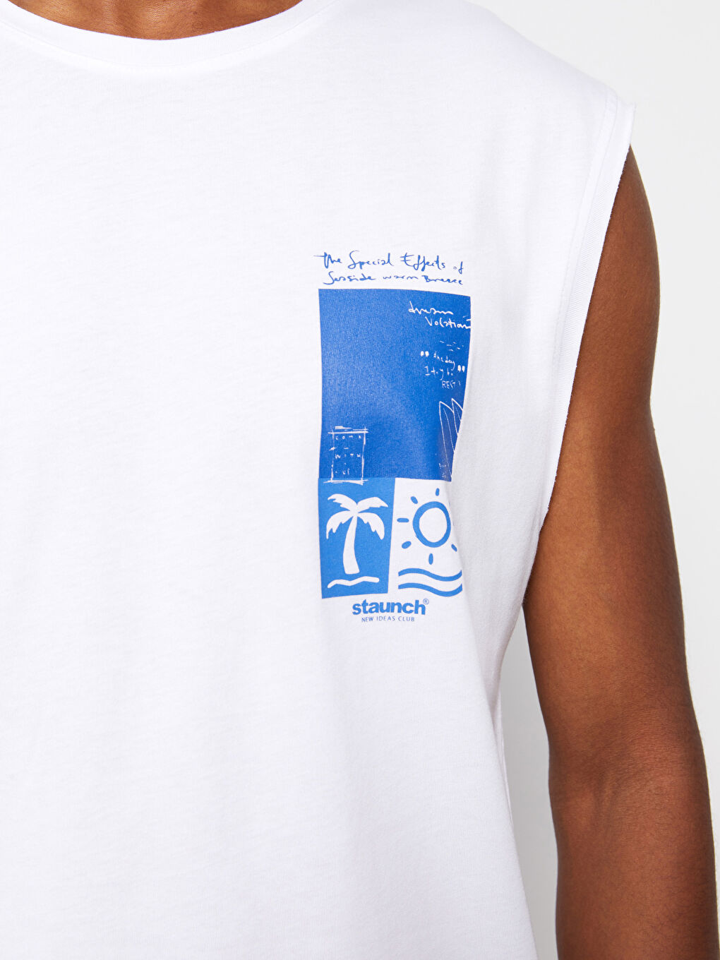 Beyaz Bisiklet Yaka Baskılı Penye Erkek Kolsuz Tişört-4