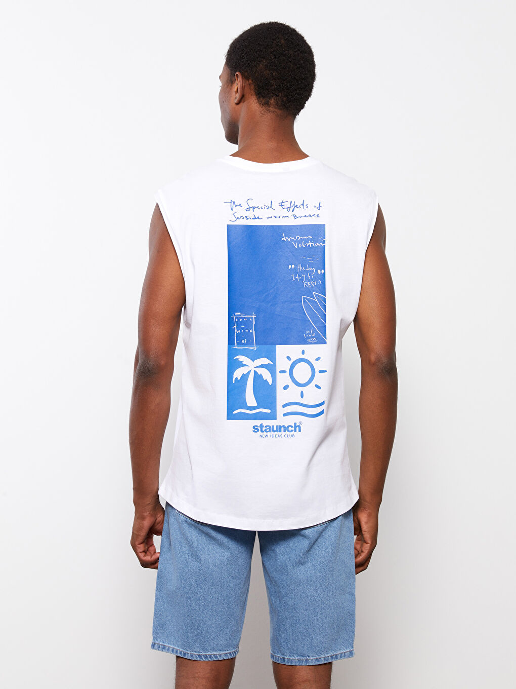 Beyaz Bisiklet Yaka Baskılı Penye Erkek Kolsuz Tişört-5