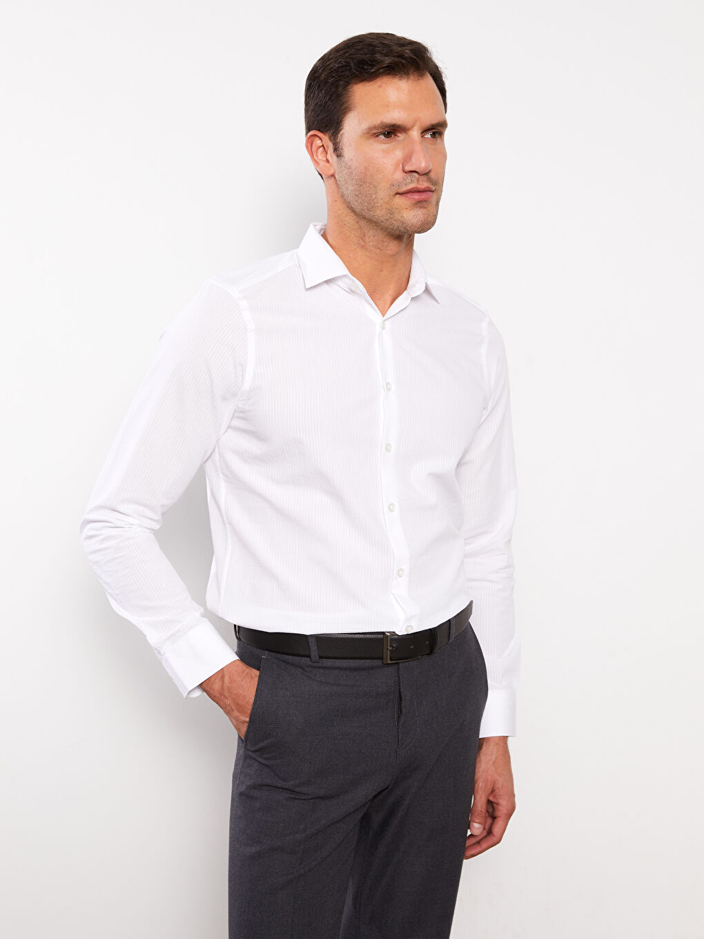 Beyaz Slim Fit Uzun Kollu Çizgili Poplin Erkek Gömlek