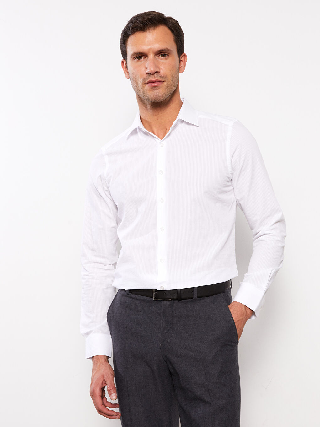 Beyaz Slim Fit Uzun Kollu Çizgili Poplin Erkek Gömlek-1