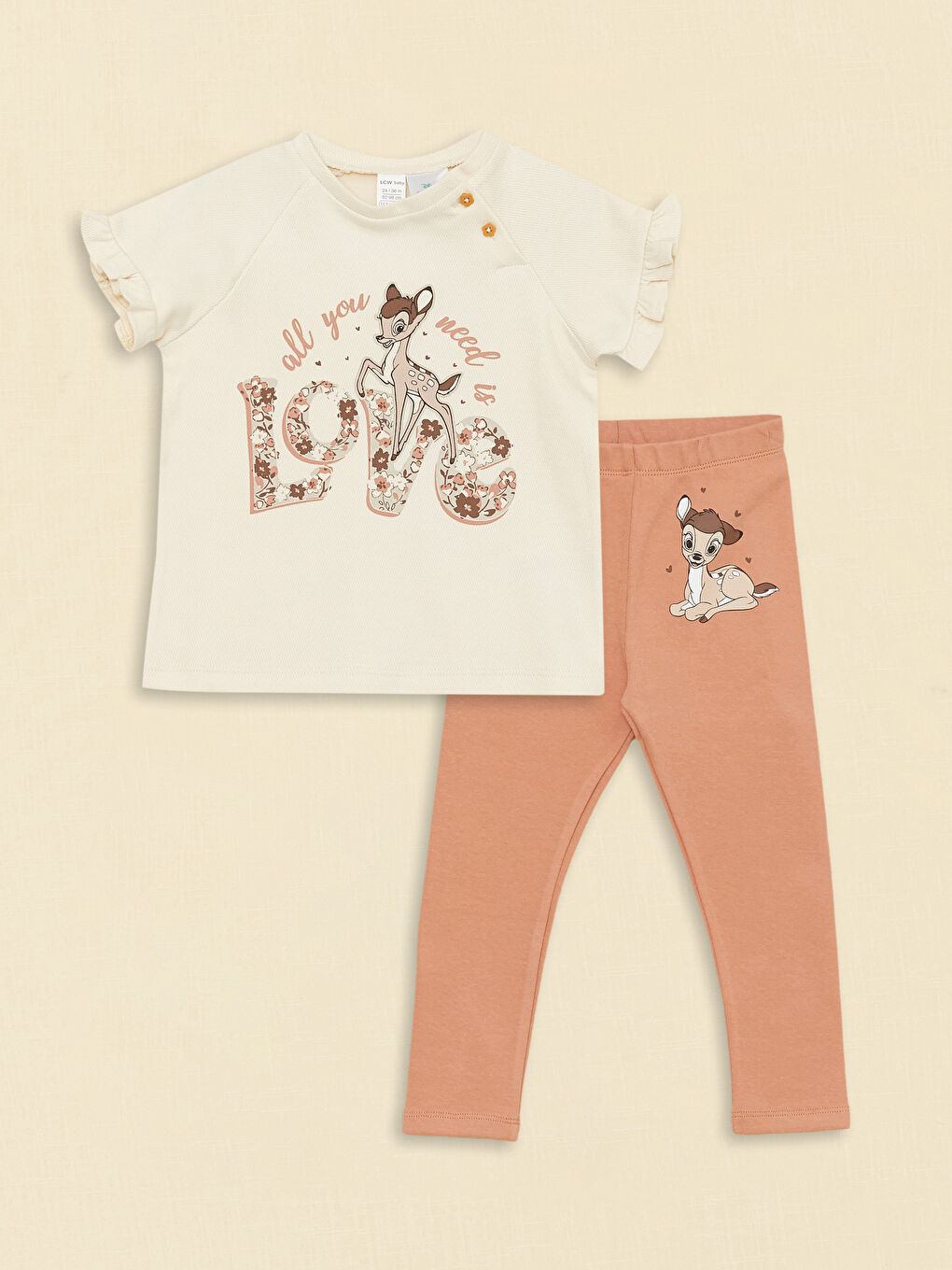 Crew Neck Short Sleeved Bambi Printed Baby Girl T-Shirt and Leggings 2-Pack Set