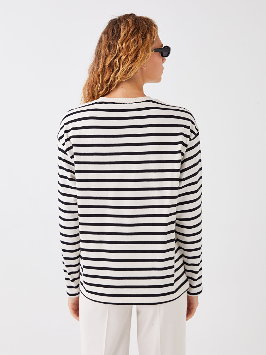 Siyah Bisiklet Yaka Çizgili Uzun Kollu Kadın Tişört-4