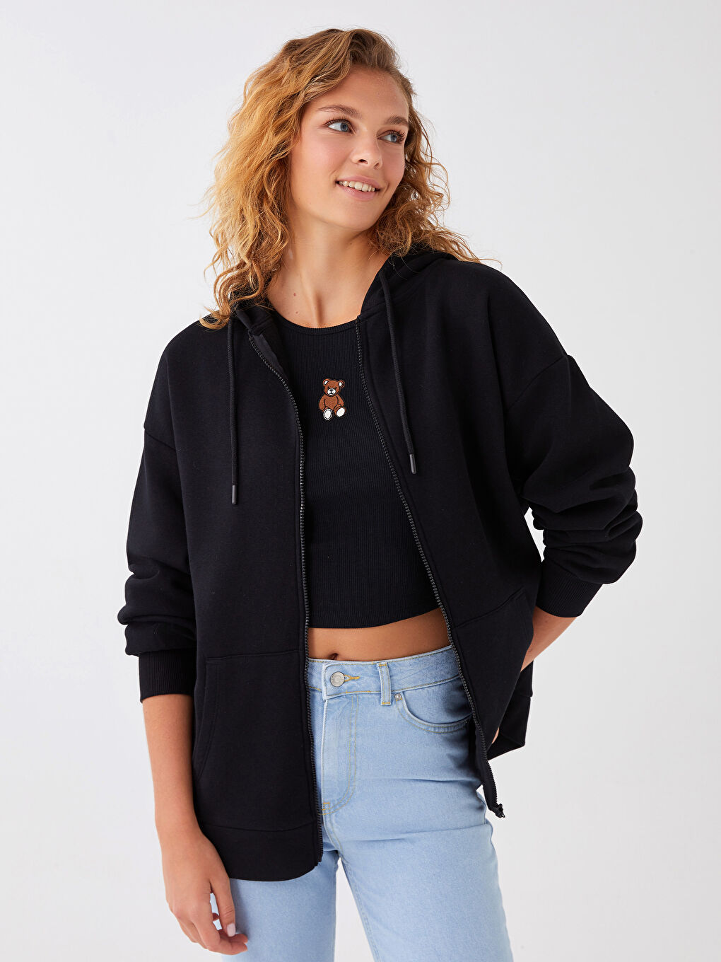 Siyah Kapüşonlu Düz Uzun Kollu Kadın Hırka