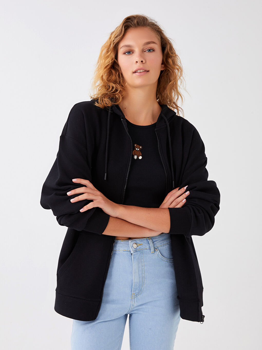 Siyah Kapüşonlu Düz Uzun Kollu Kadın Hırka-1