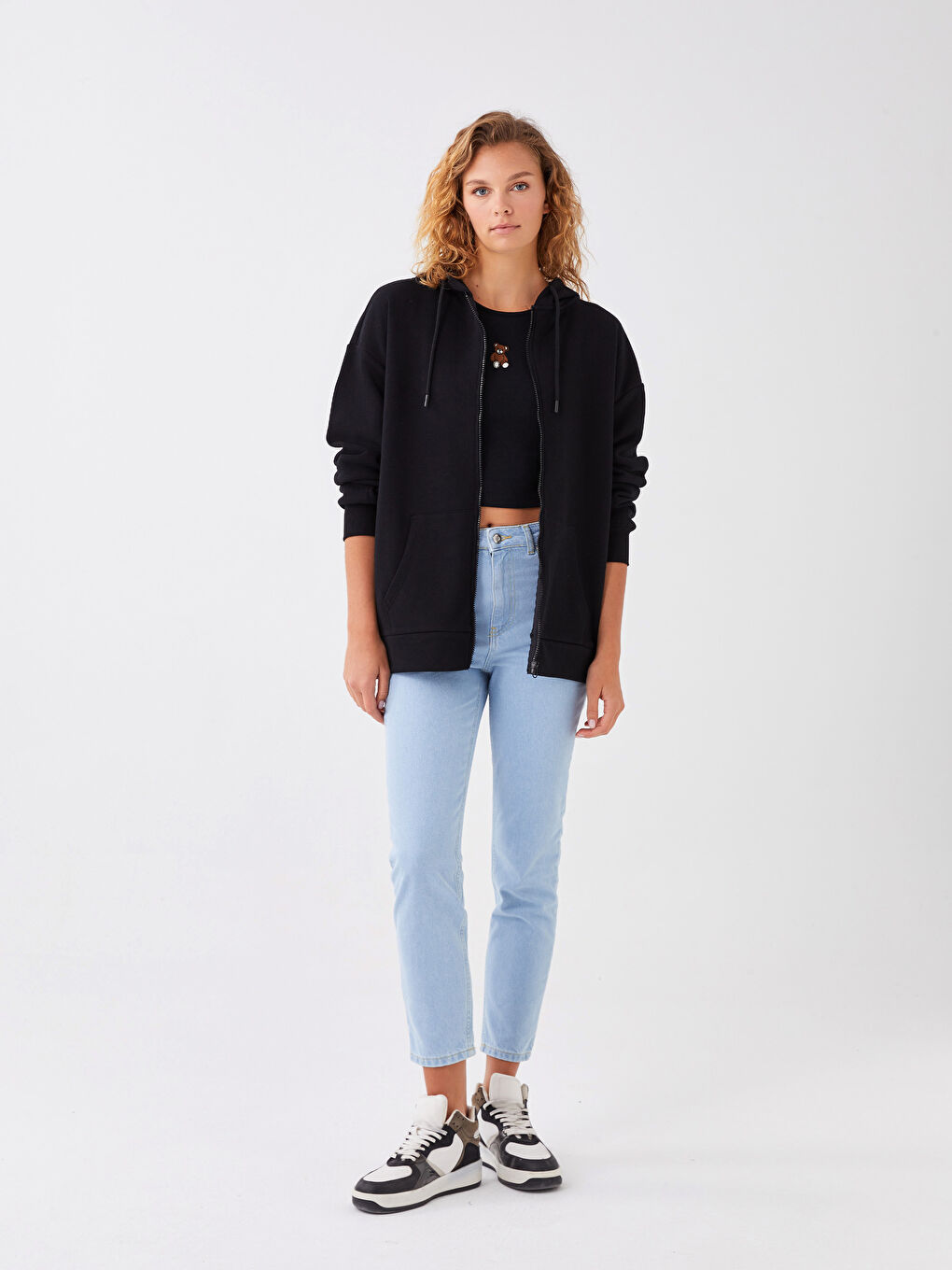 Siyah Kapüşonlu Düz Uzun Kollu Kadın Hırka-2