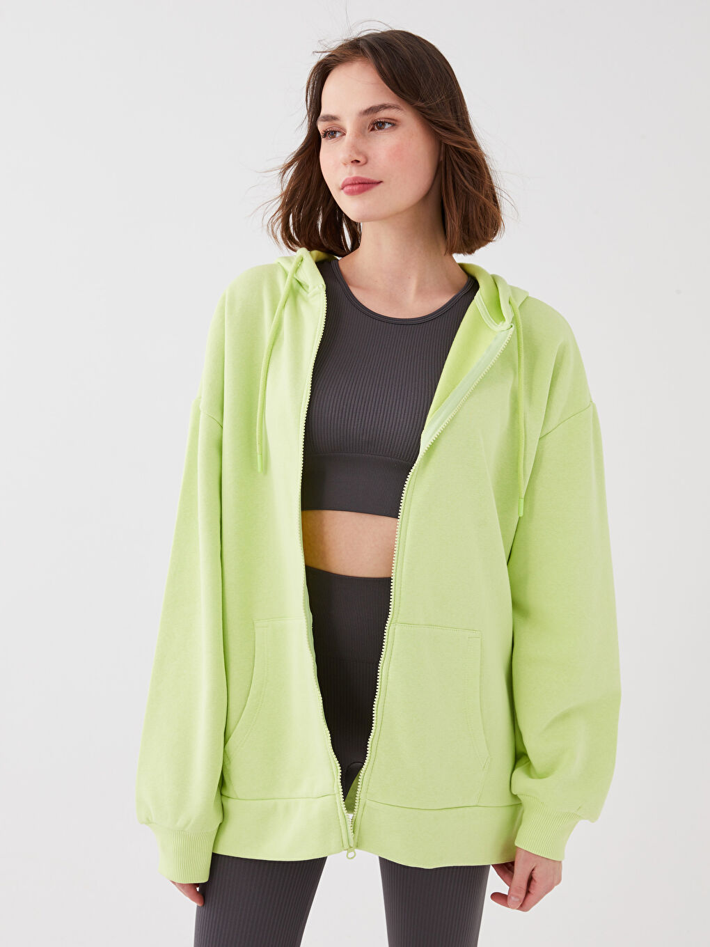 Yeşil Kapüşonlu Düz Uzun Kollu Kadın Hırka-1