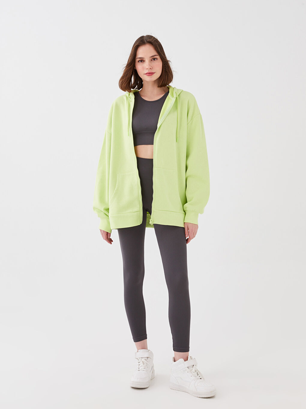 Yeşil Kapüşonlu Düz Uzun Kollu Kadın Hırka-2