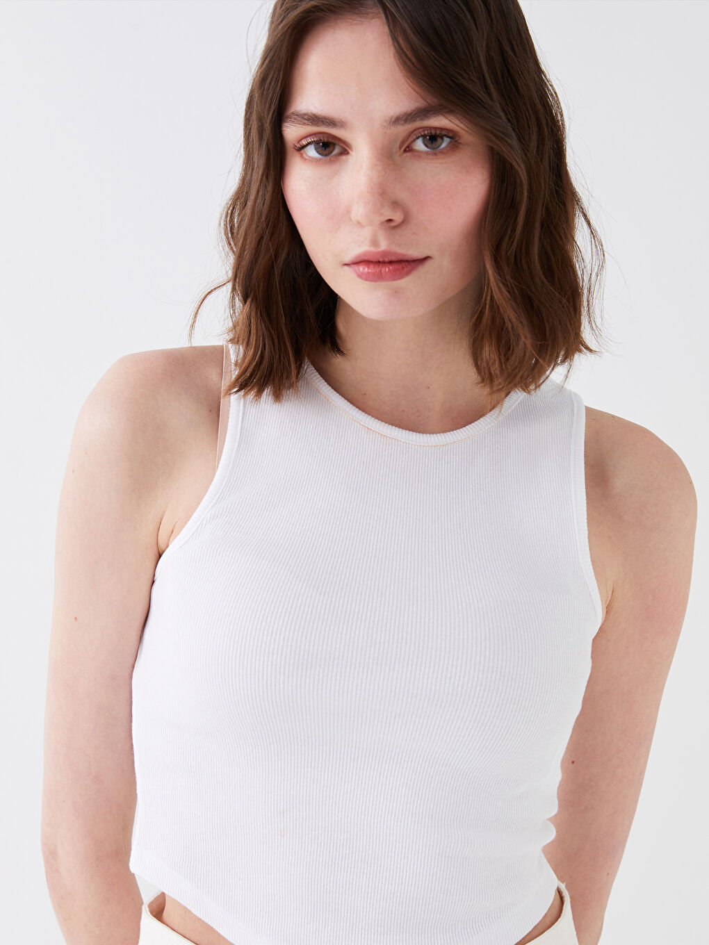 Beyaz Kadın Bisiklet Yaka Düz Crop-1