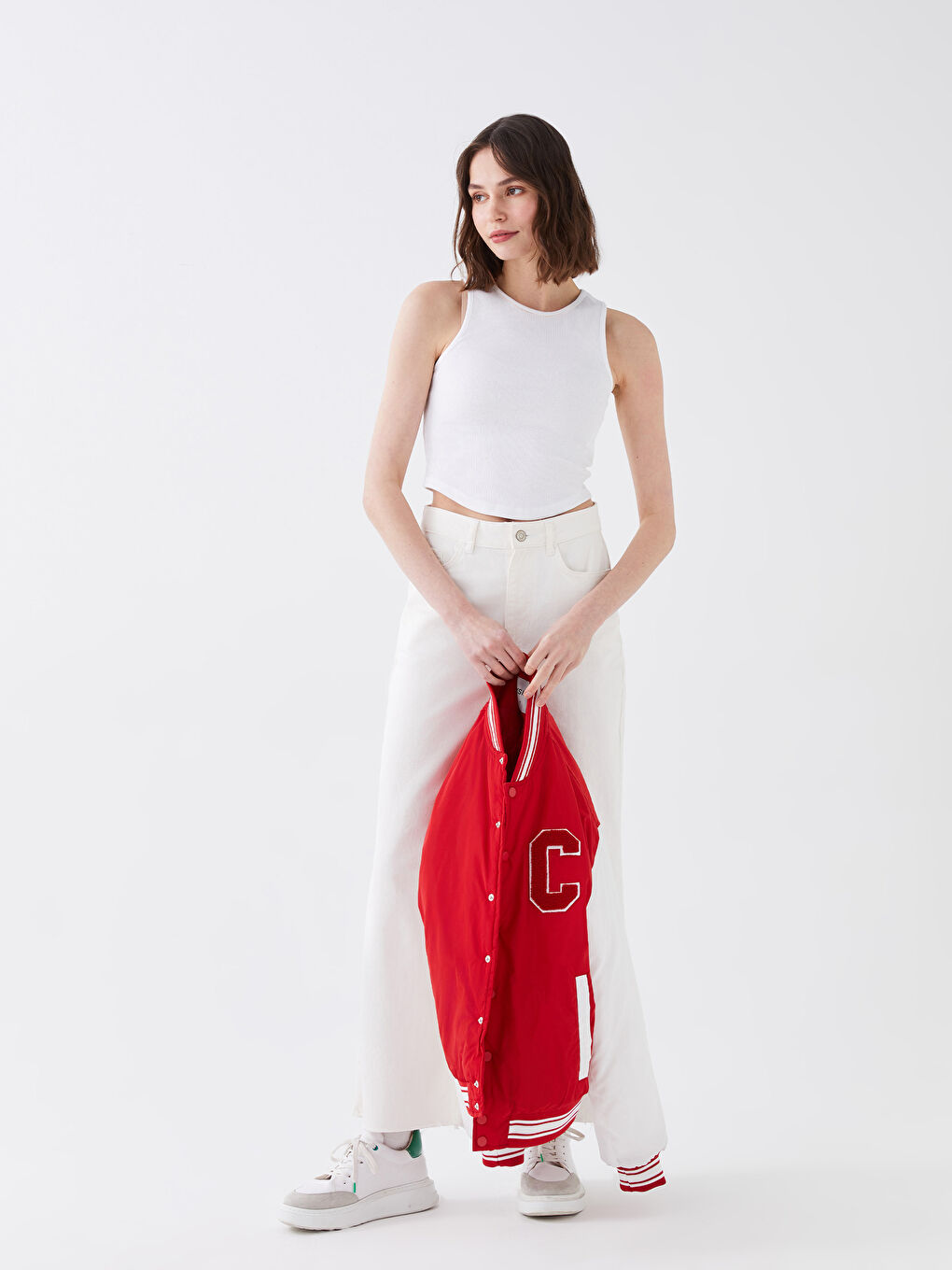 Beyaz Kadın Bisiklet Yaka Düz Crop-2