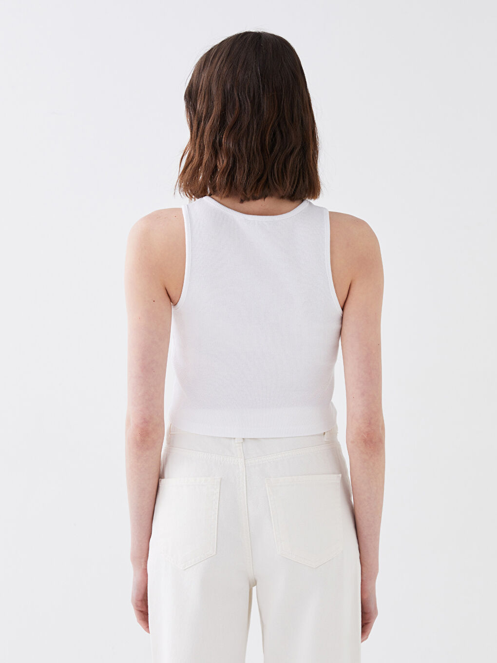 Beyaz Kadın Bisiklet Yaka Düz Crop-4