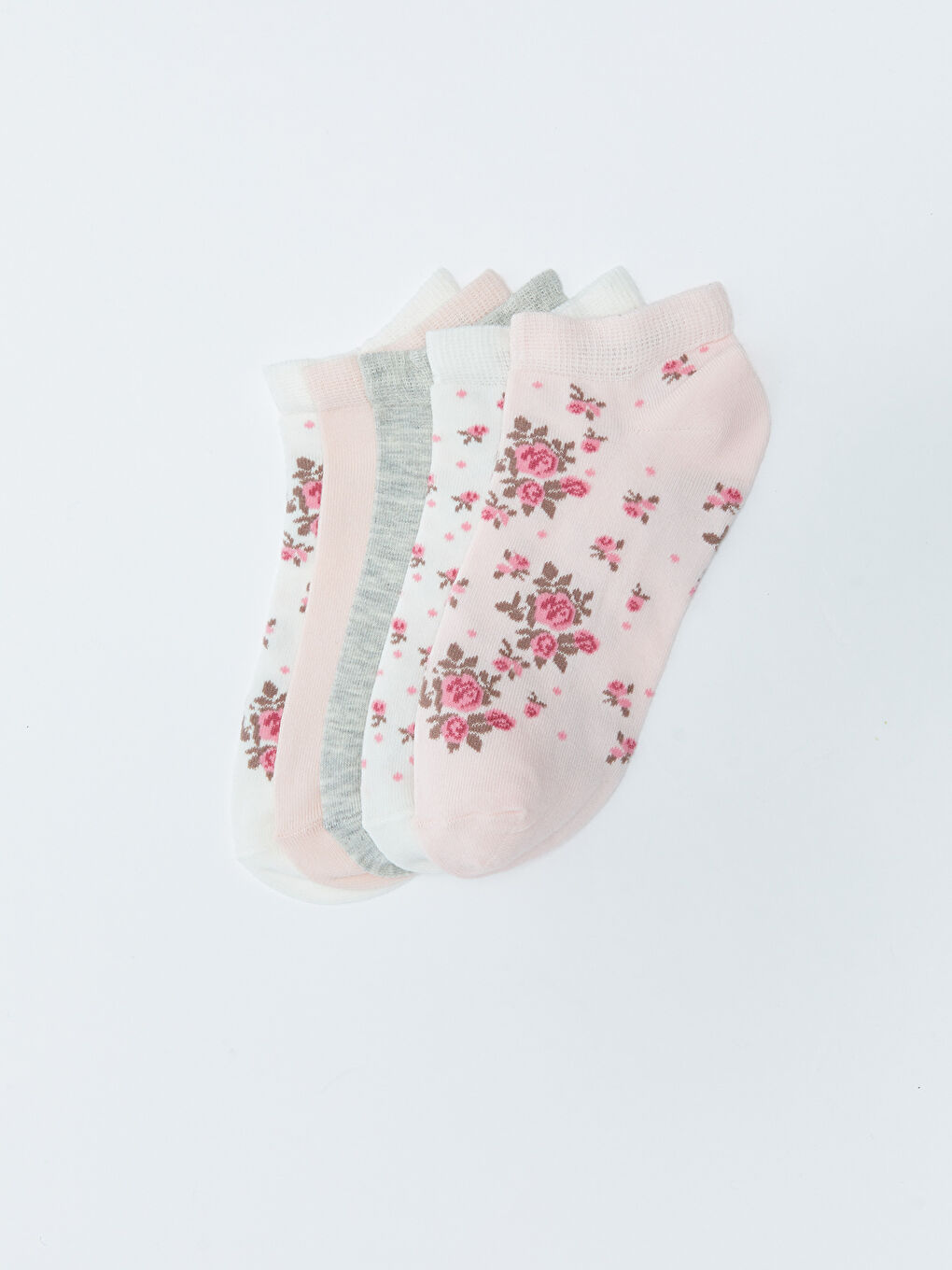 Pembe Çiçekli Kadın Patik Çorap 5'li