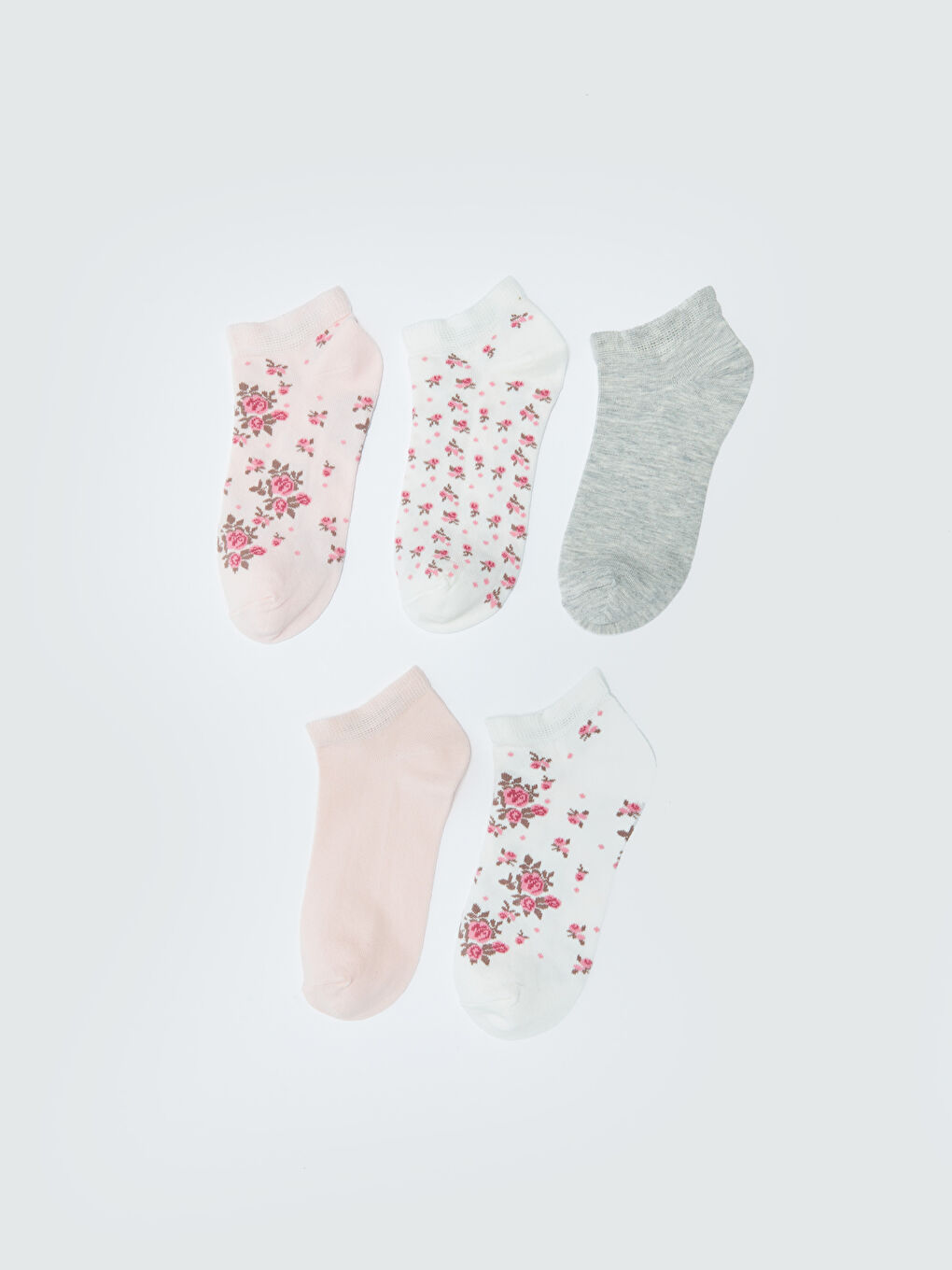 Pembe Çiçekli Kadın Patik Çorap 5'li-1