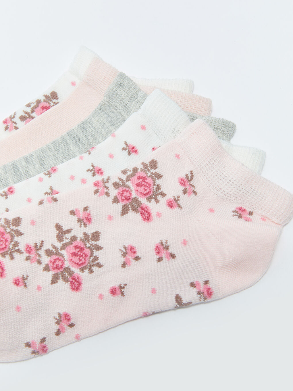 Pembe Çiçekli Kadın Patik Çorap 5'li-2