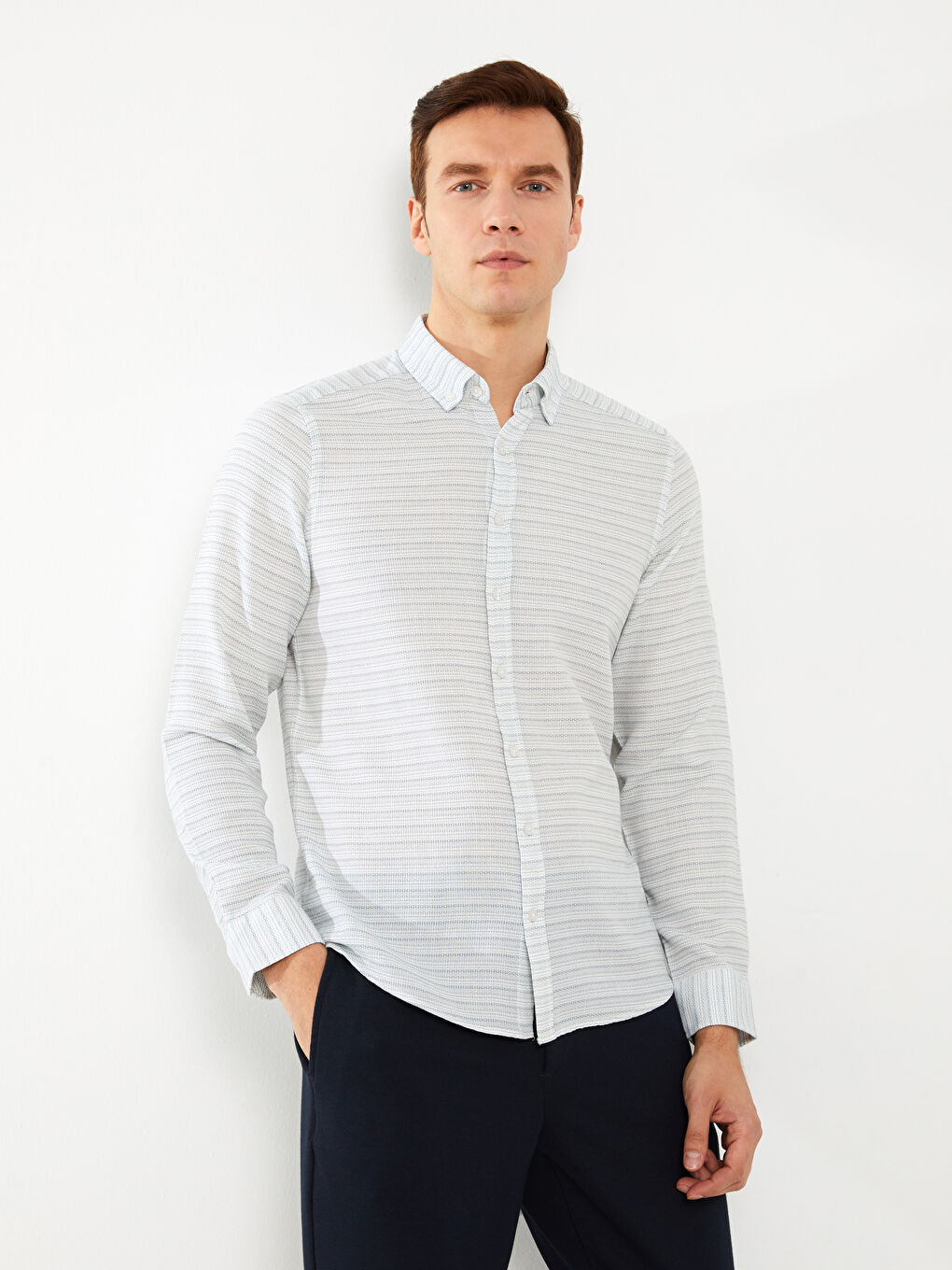 Chemise pour Hommes Slim Fit à Manches Longues en Popeline à Motifs