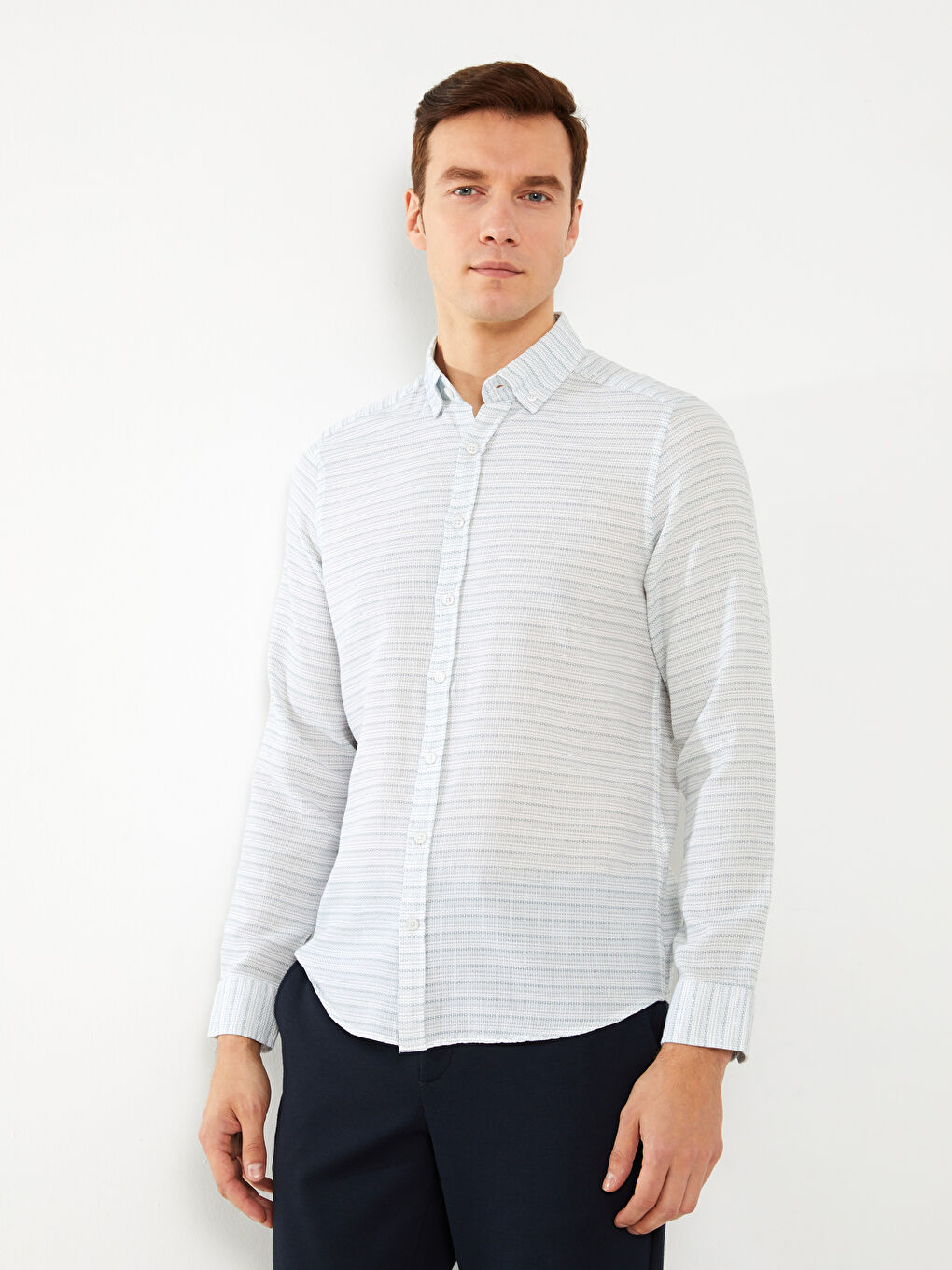 Chemise pour Hommes Slim Fit à Manches Longues en Popeline à Motifs-1