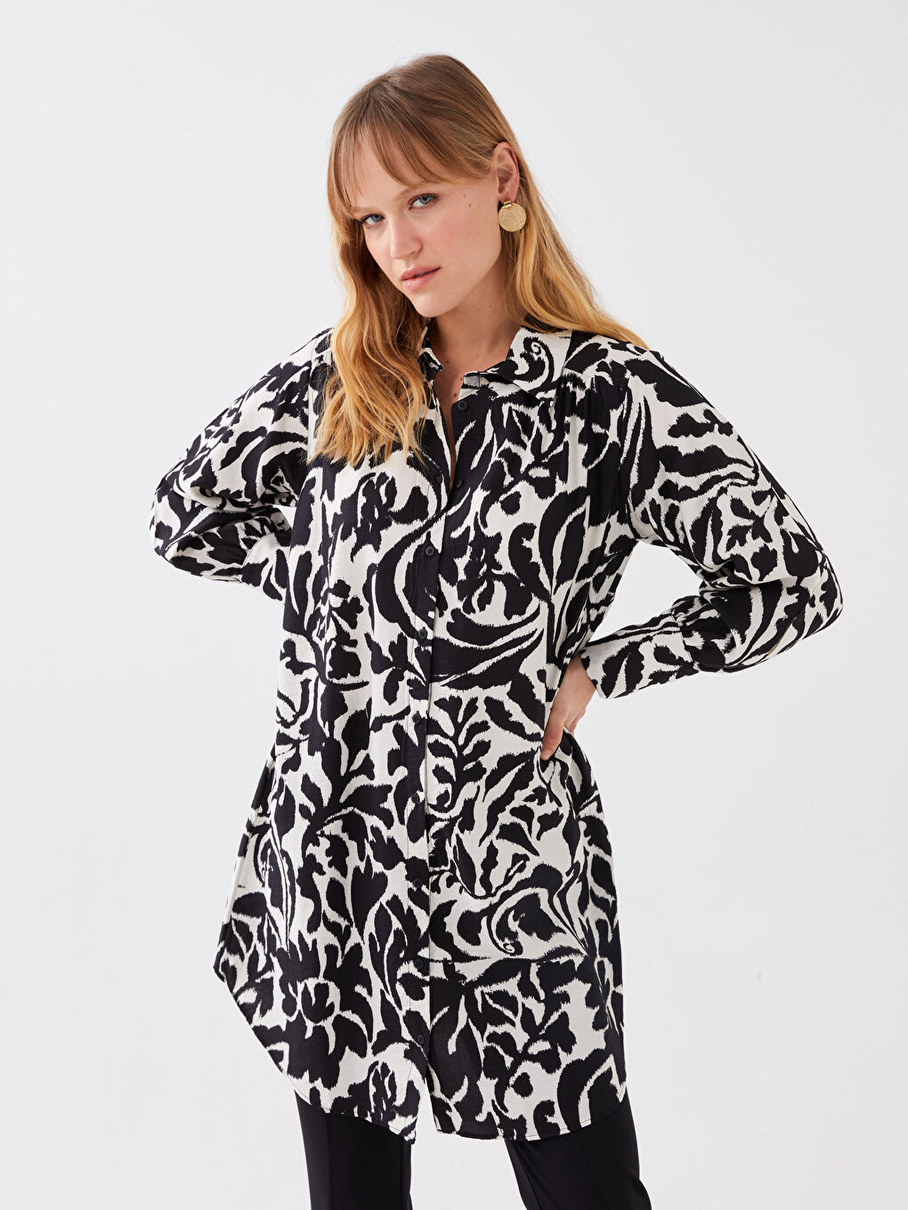 Ekru Desenli Kadın Gömlek Tunik