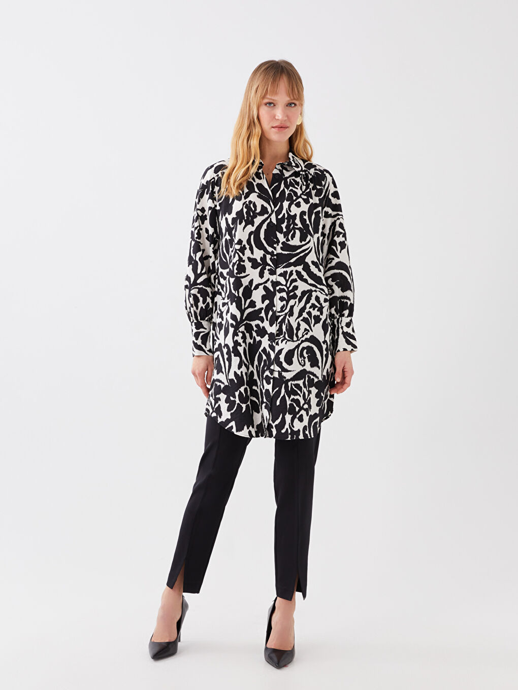 Ekru Desenli Kadın Gömlek Tunik-1