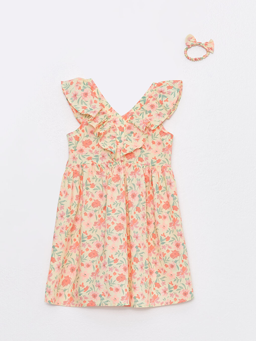 Sarı V Yaka Baskılı Kısa Kollu Kız Çocuk Elbise ve Toka