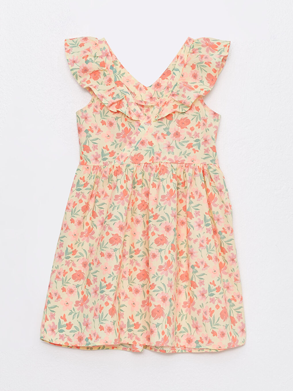 Sarı V Yaka Baskılı Kısa Kollu Kız Çocuk Elbise ve Toka-1