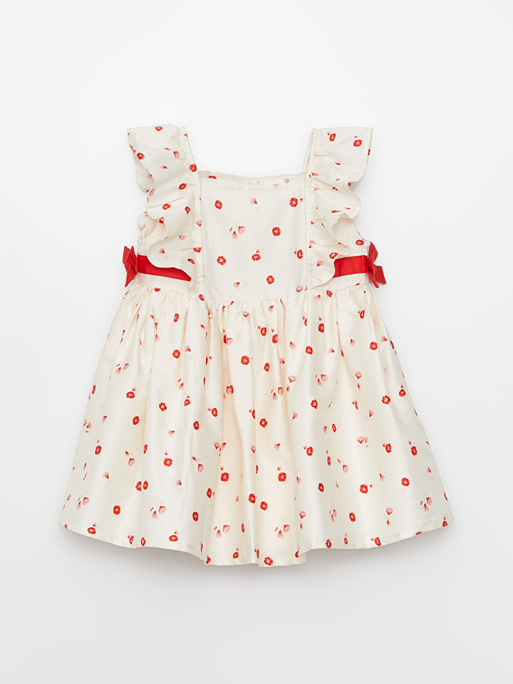 Ekru Askılı Kare Yaka Baskılı Kız Bebek Elbise