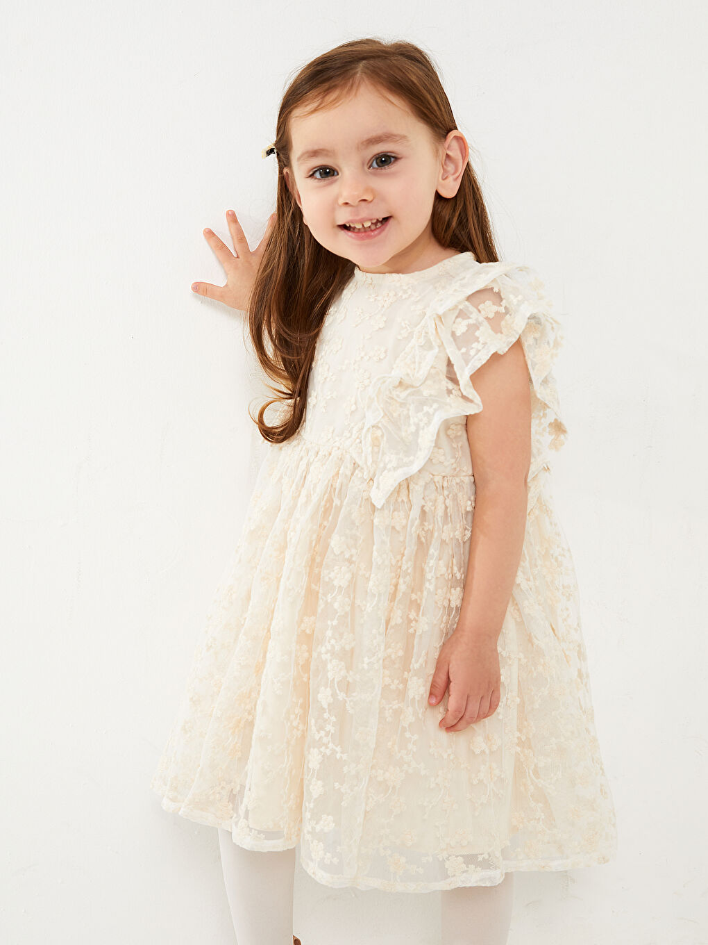 فستان بناتي رضع بتفاصيل تطريز وأكمام قصيرة ورقبة دائرية-5