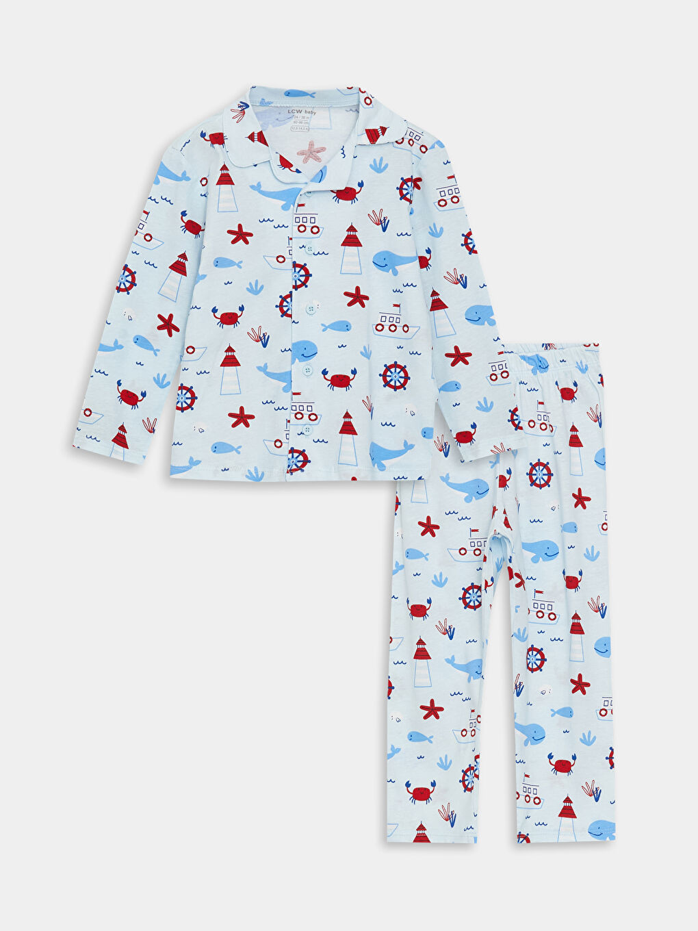Mavi Polo Yaka Uzun Kollu Desenli Erkek Bebek Pijama Takımı