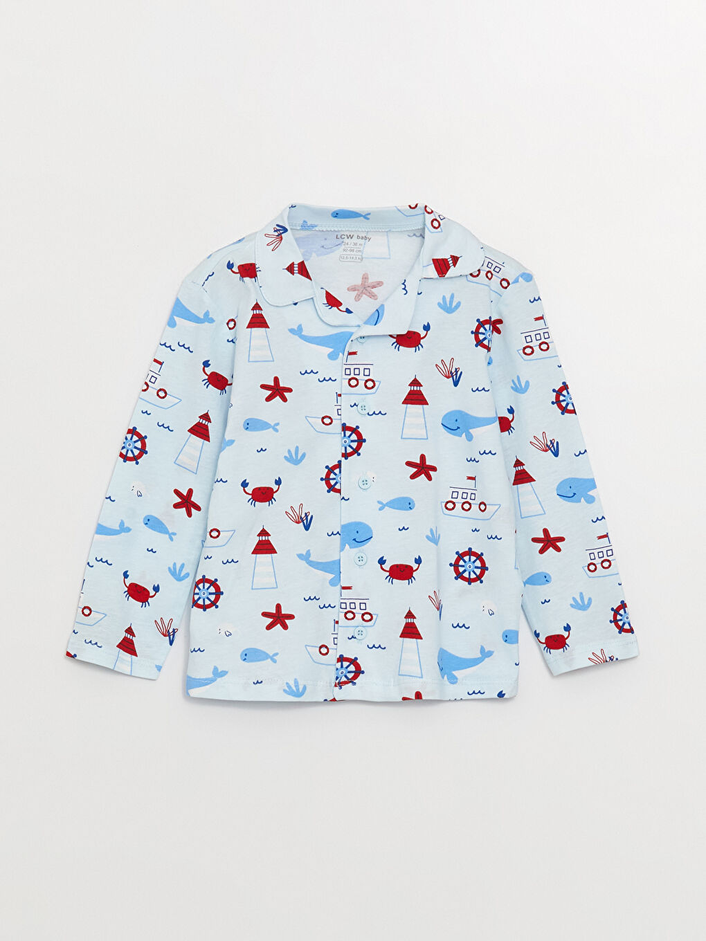 Mavi Polo Yaka Uzun Kollu Desenli Erkek Bebek Pijama Takımı-1