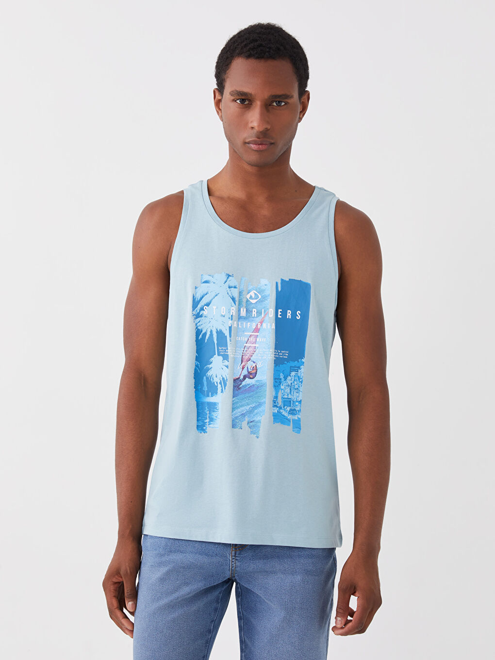 T-shirt sans manches en jersey imprimé à col rond pour hommes
