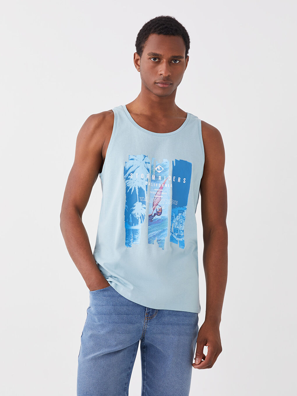 T-shirt sans manches en jersey imprimé à col rond pour hommes-1