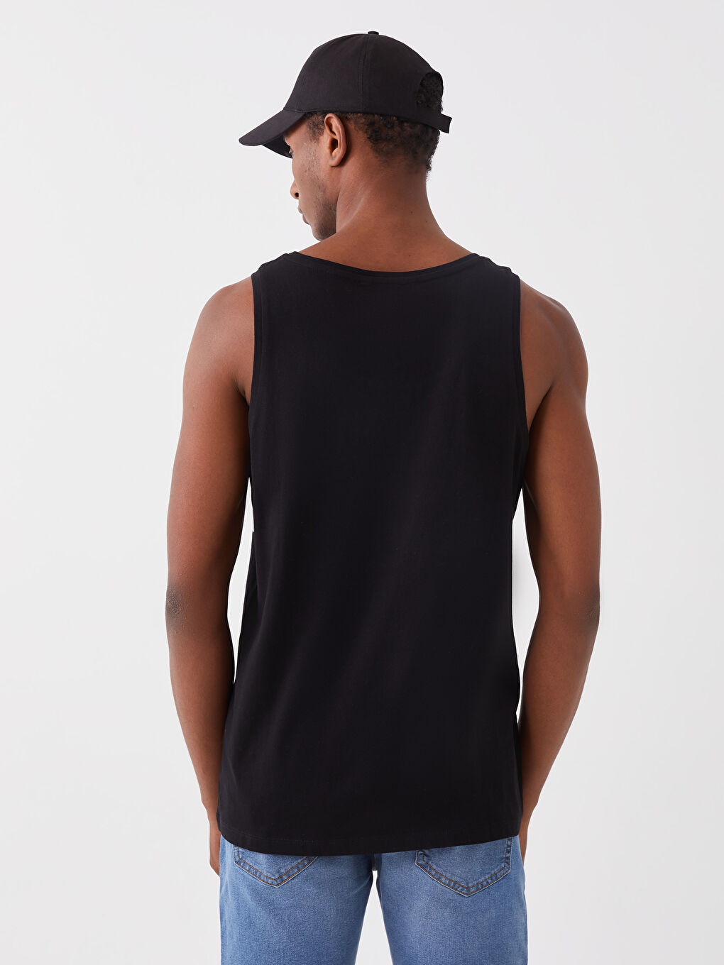 Siyah Bisiklet Yaka Baskılı Penye Erkek Kolsuz Tişört-4