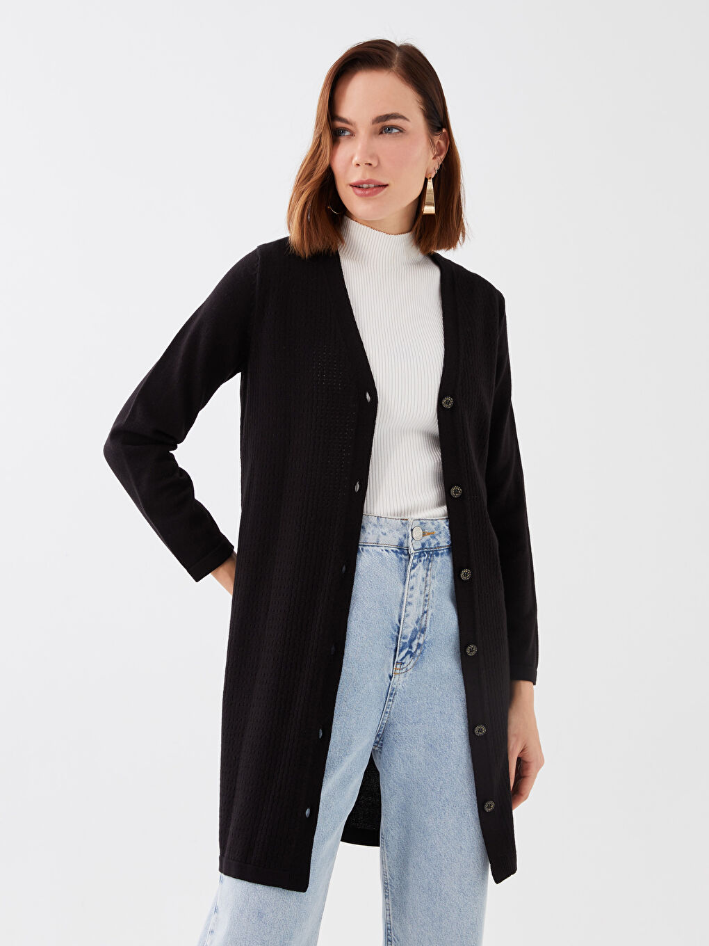 Siyah V Yaka Ajurlu Uzun Kollu Kadın Triko Hırka