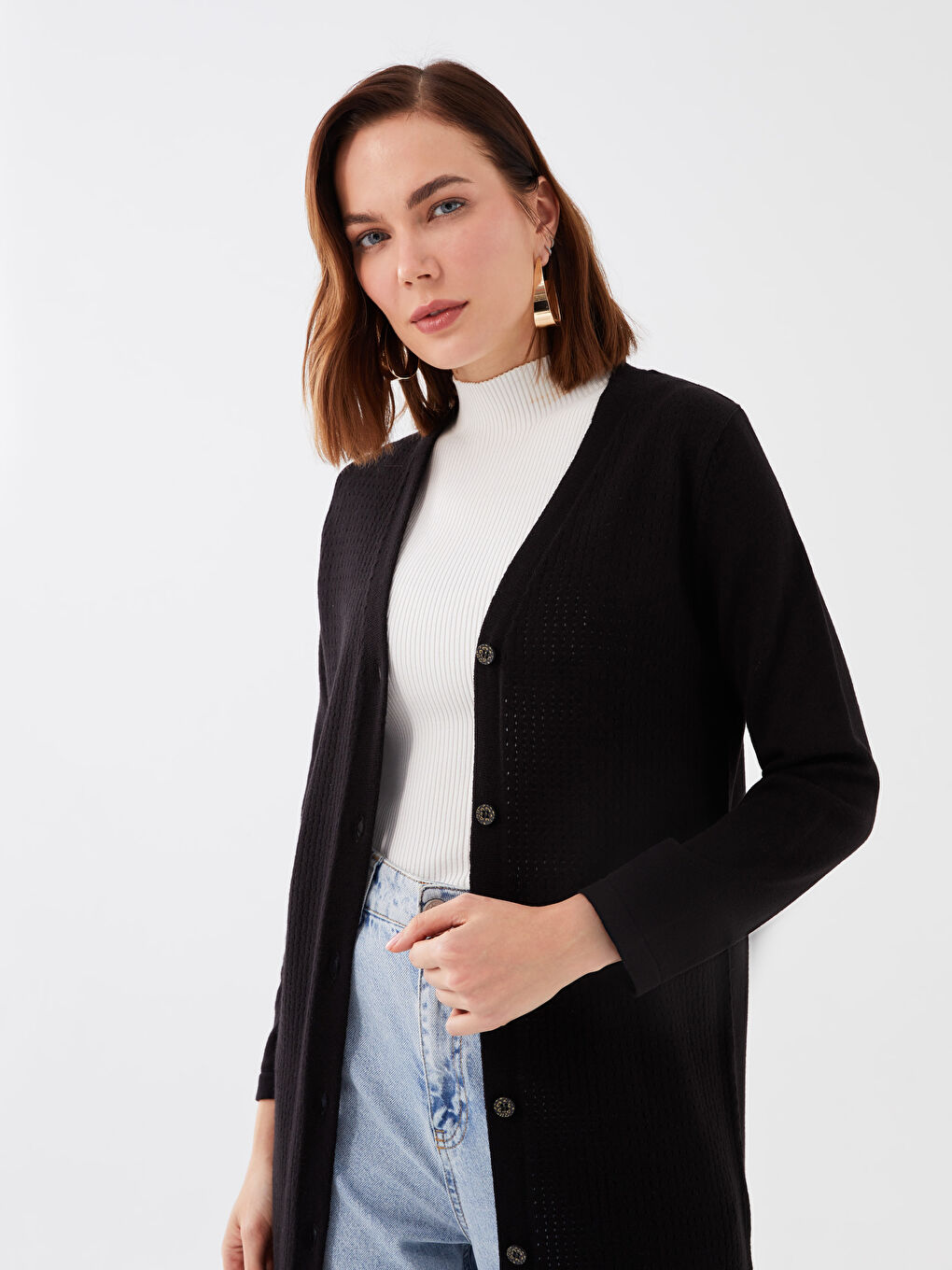 Siyah V Yaka Ajurlu Uzun Kollu Kadın Triko Hırka-1