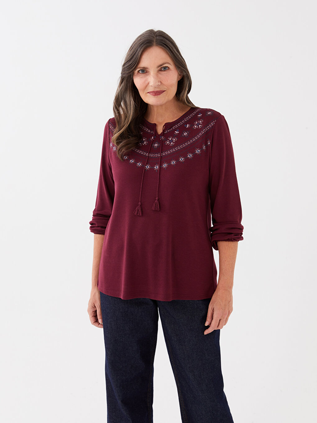 Lapel Collar Embroidered Long Sleeve Women's T-Shirt