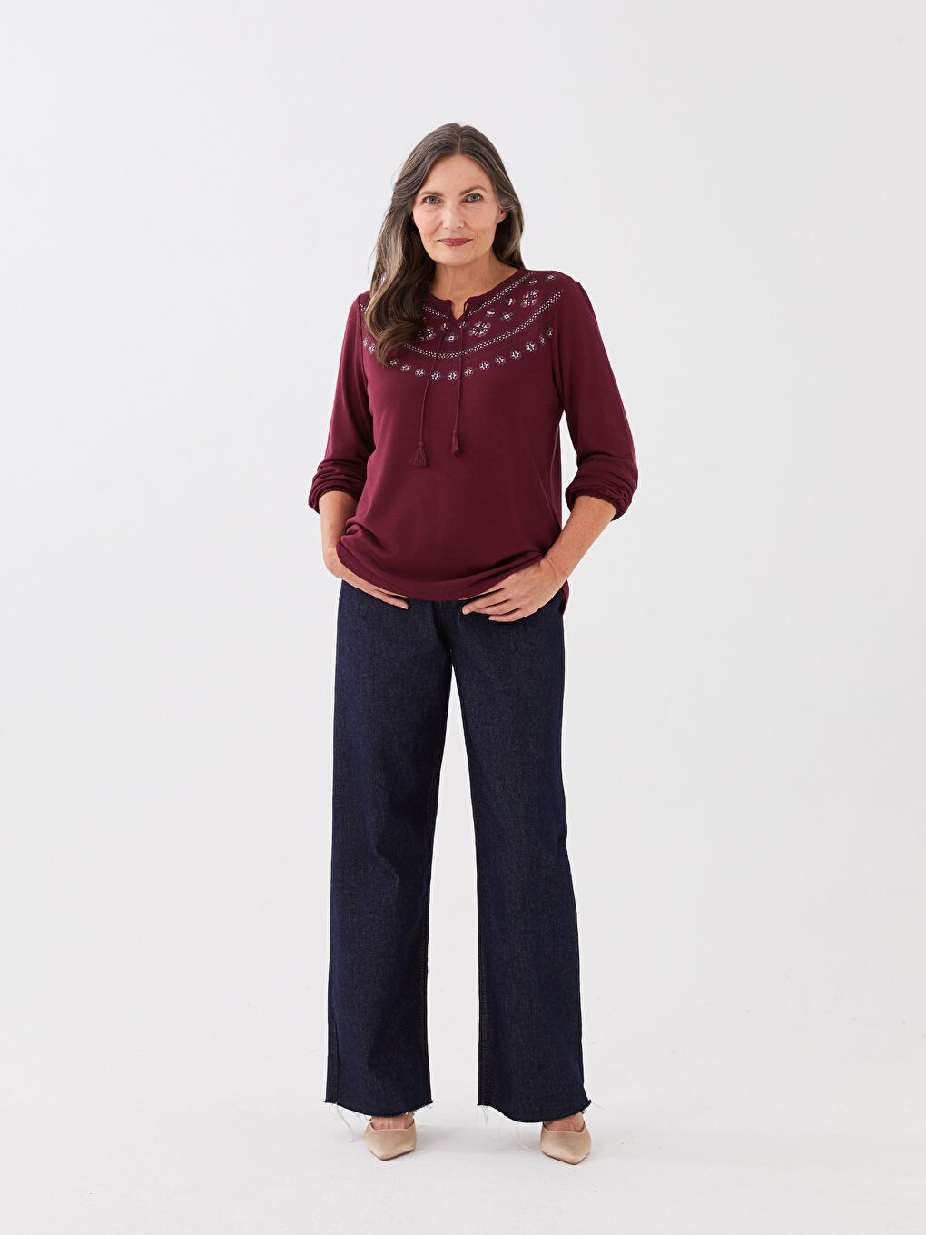 Lapel Collar Embroidered Long Sleeve Women's T-Shirt-1