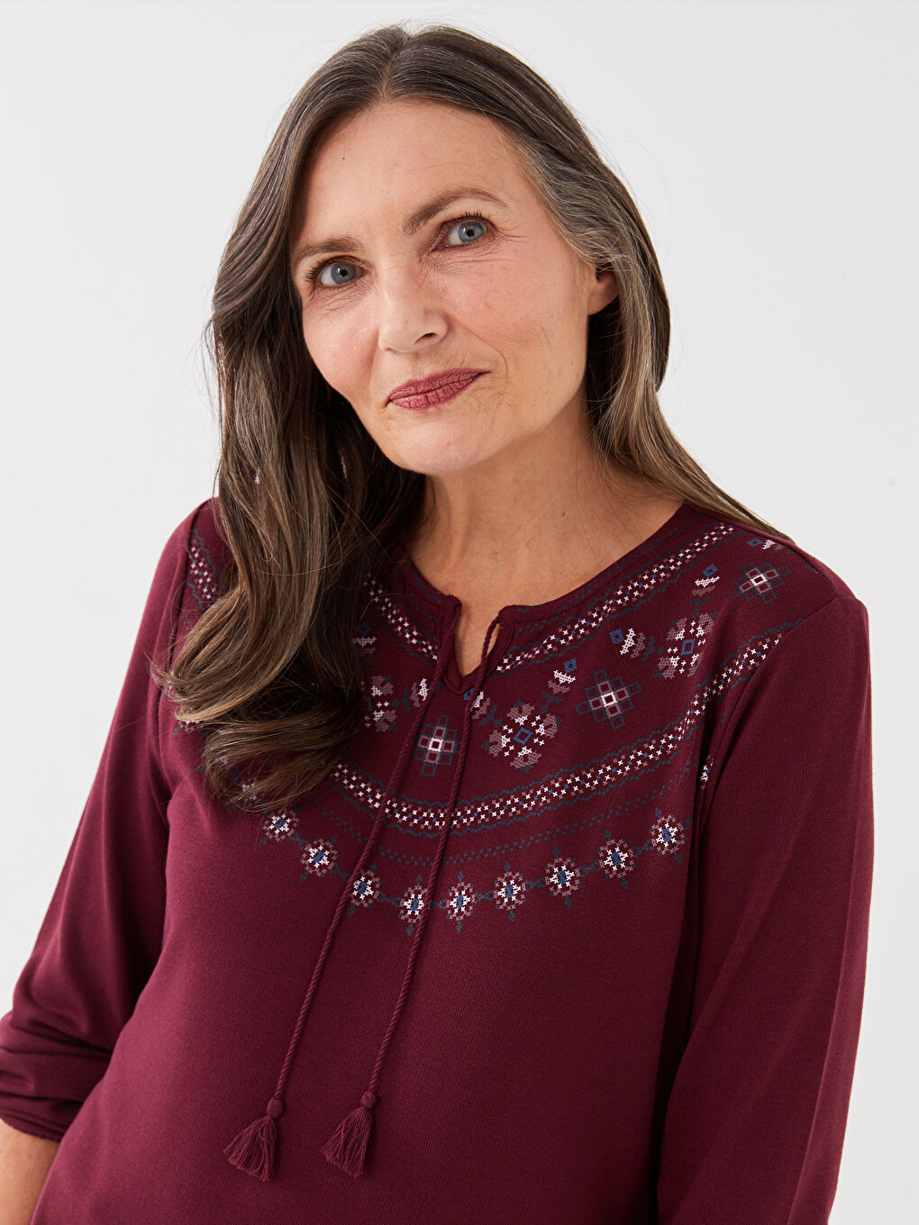 Lapel Collar Embroidered Long Sleeve Women's T-Shirt-2