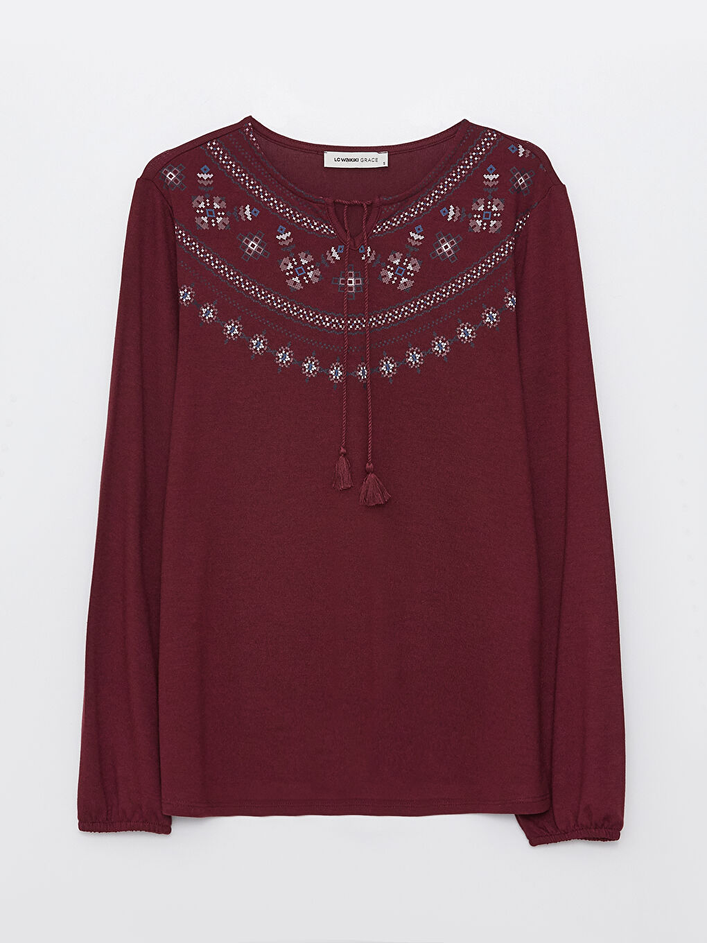 Lapel Collar Embroidered Long Sleeve Women's T-Shirt-5