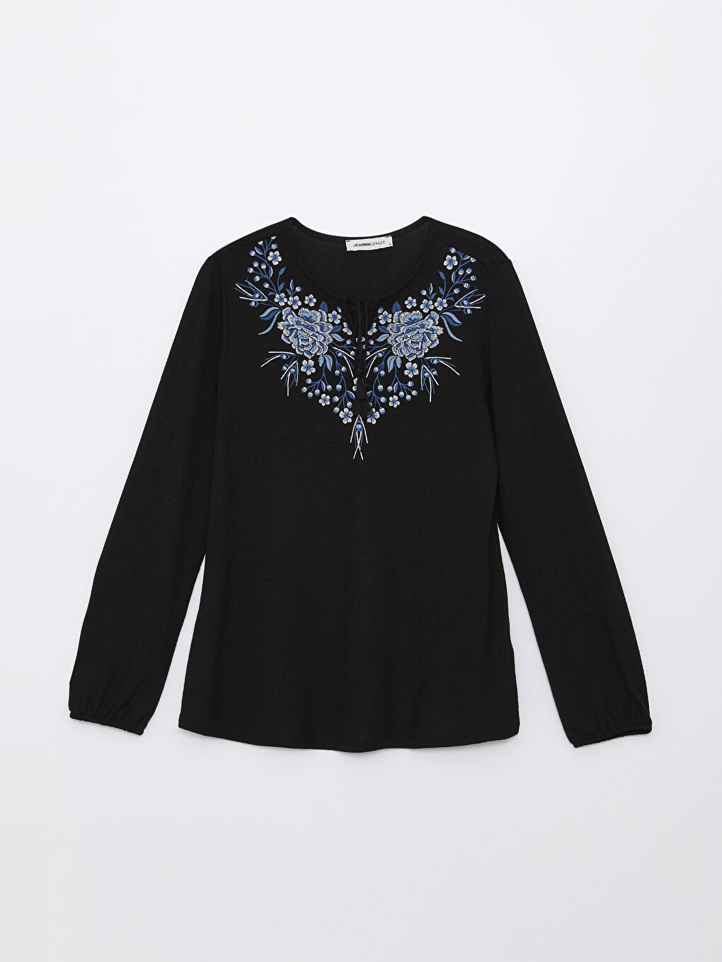 Siyah Bağlamalı Yaka Nakışlı Uzun Kollu Kadın Tişört-5