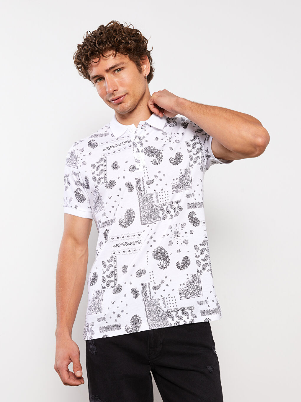 Polo Neck Short Sleeve Patterned Jersey Men's T-Shirt-3
