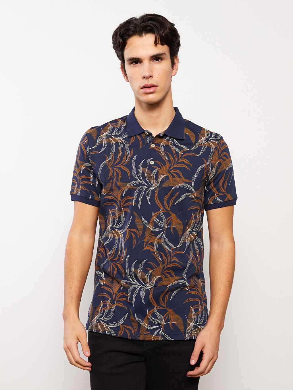 Lacivert Polo Yaka Kısa Kollu Desenli Penye Erkek Tişört
