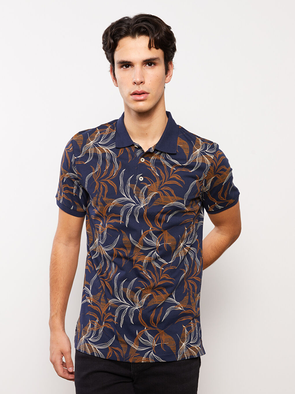 Lacivert Polo Yaka Kısa Kollu Desenli Penye Erkek Tişört-1