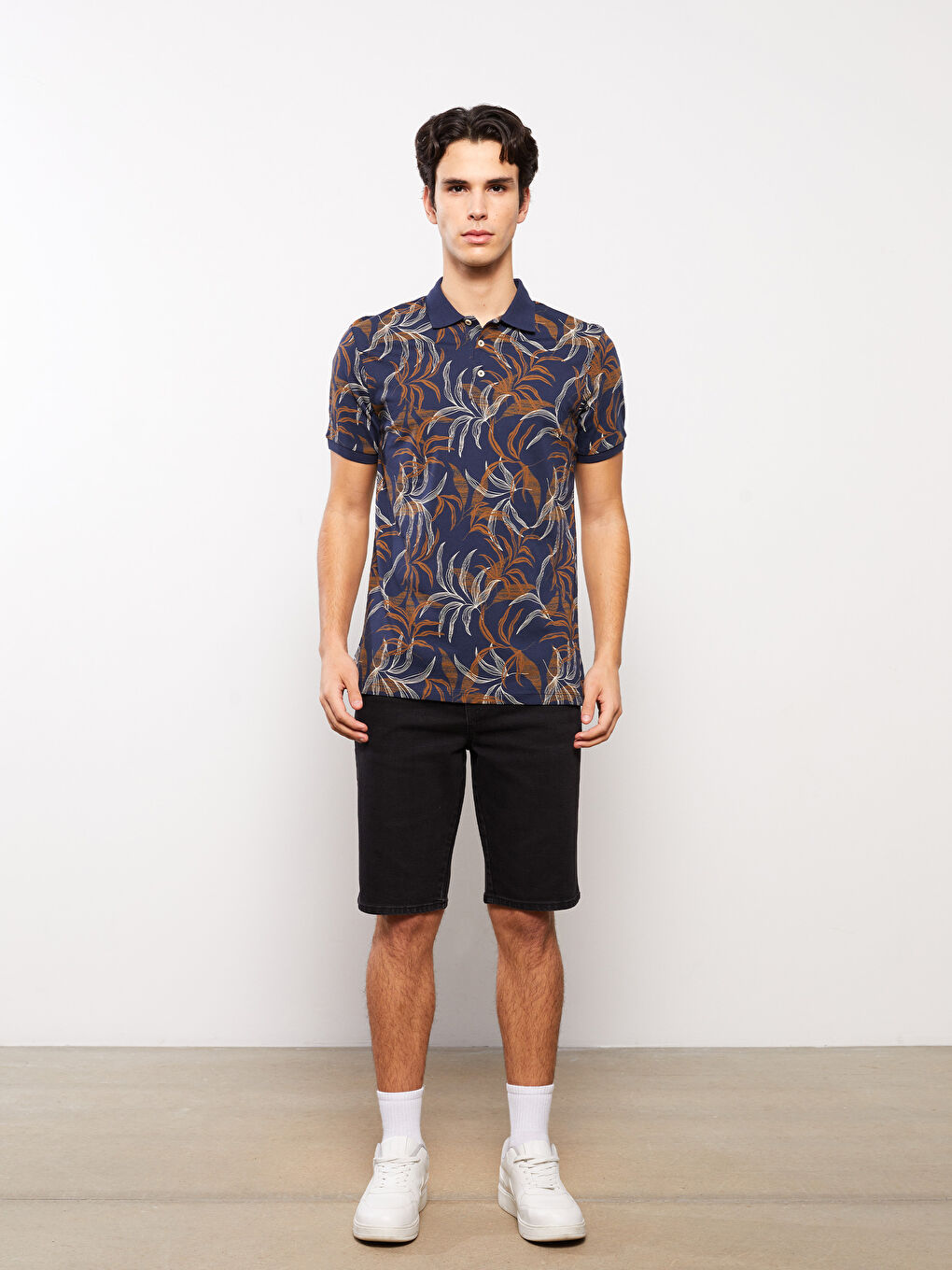 Lacivert Polo Yaka Kısa Kollu Desenli Penye Erkek Tişört-2