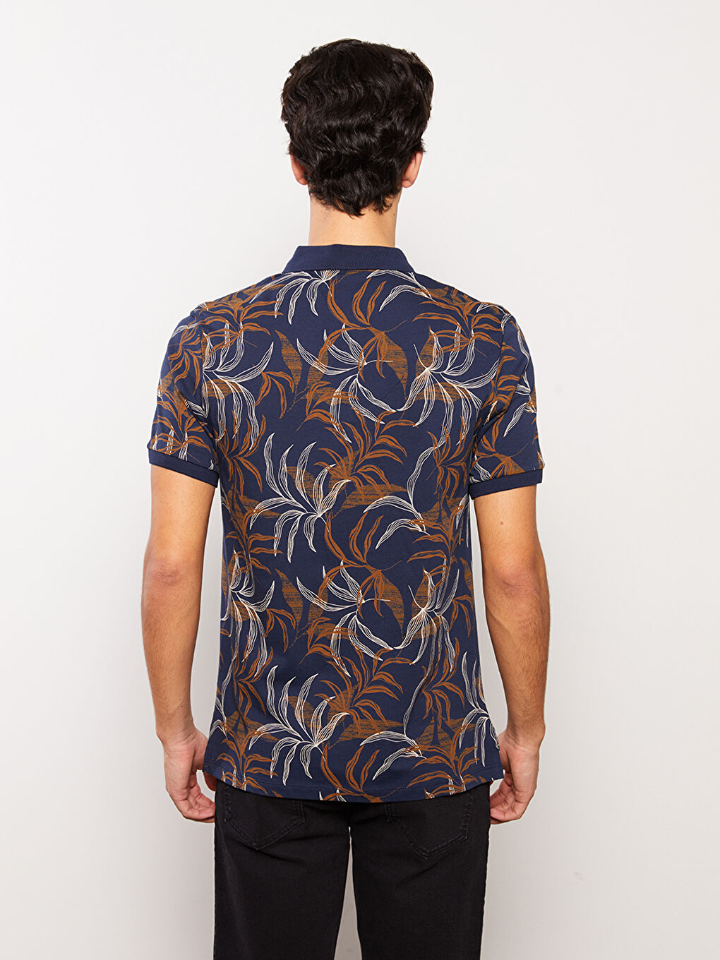 Lacivert Polo Yaka Kısa Kollu Desenli Penye Erkek Tişört-4