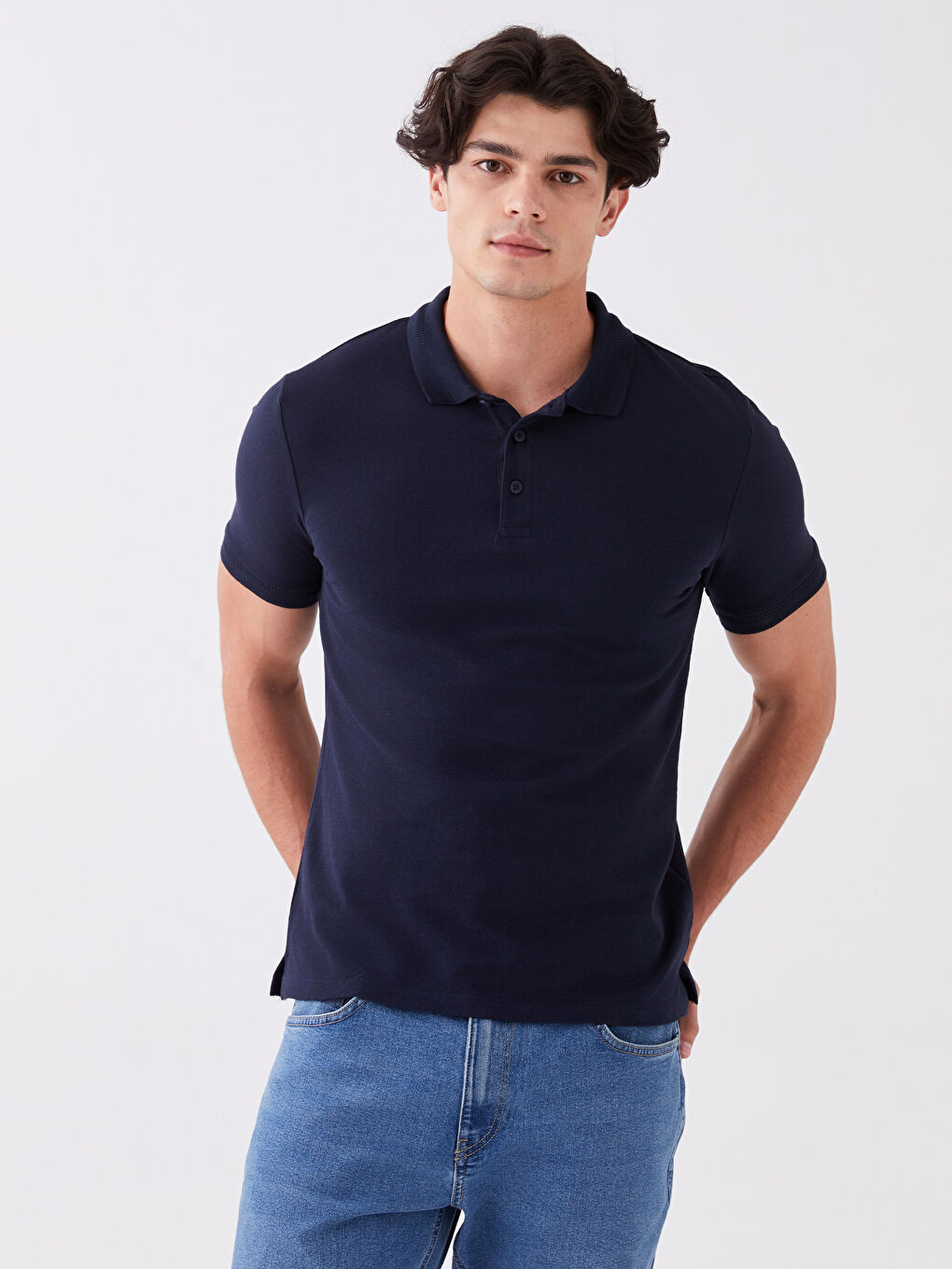 Lacivert Polo Yaka Kısa Kollu Pike Erkek Tişört-1