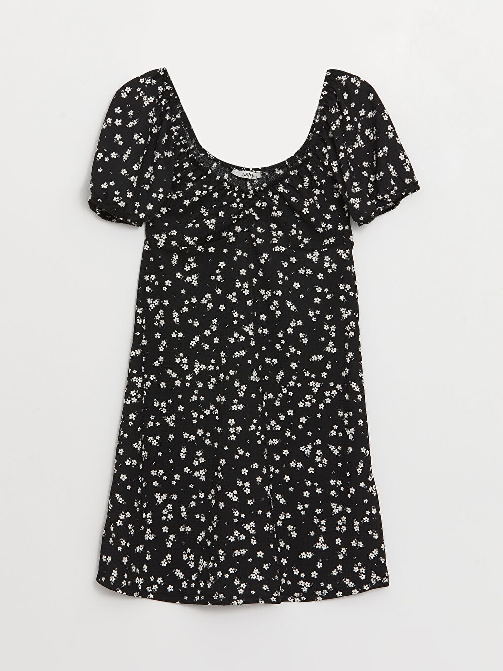 Siyah Kalp Yaka Desenli Kısa Kollu Kadın Elbise-5