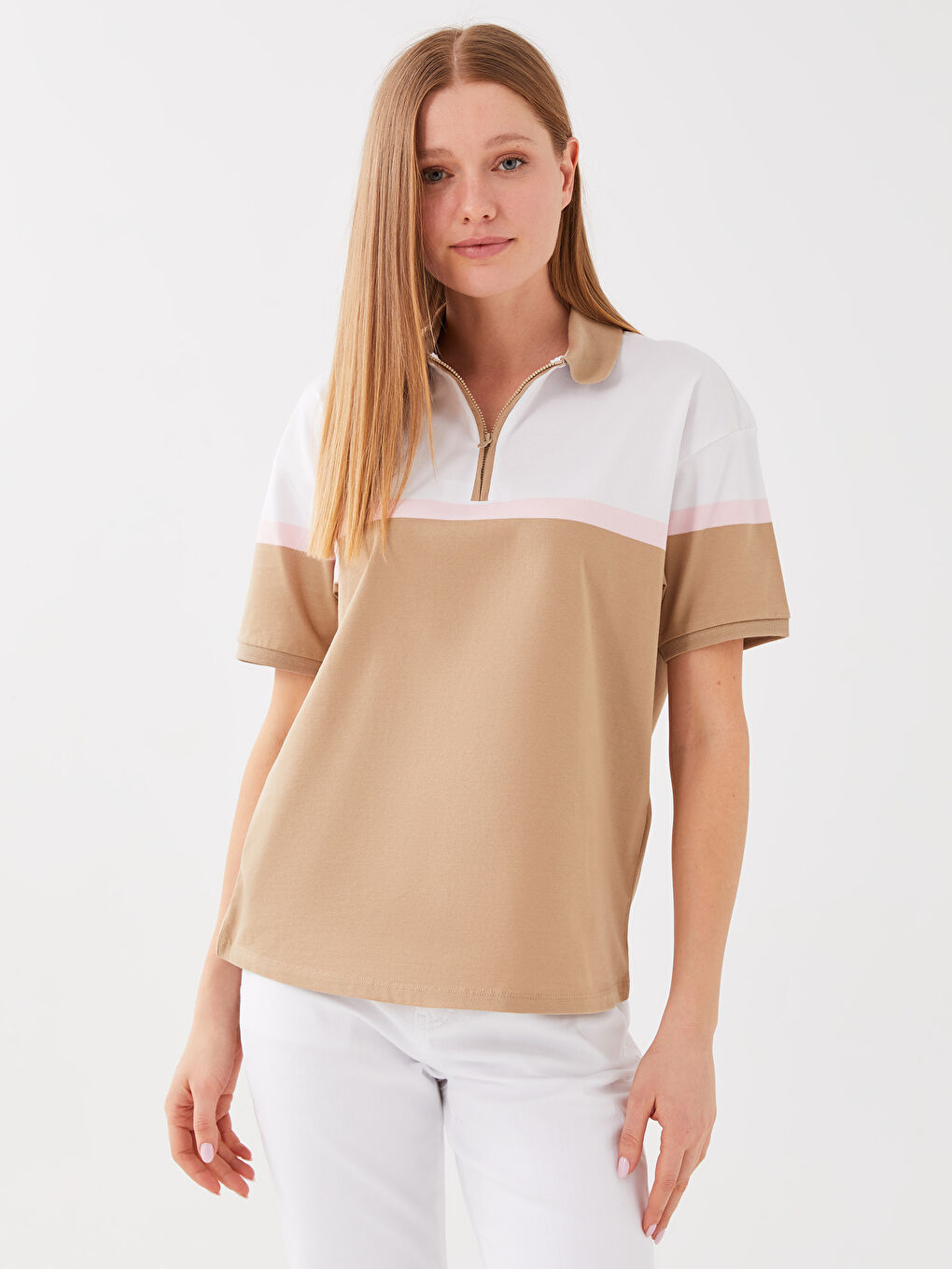 Polo Neck Color Block Short Sleeve Women's T-Shirt