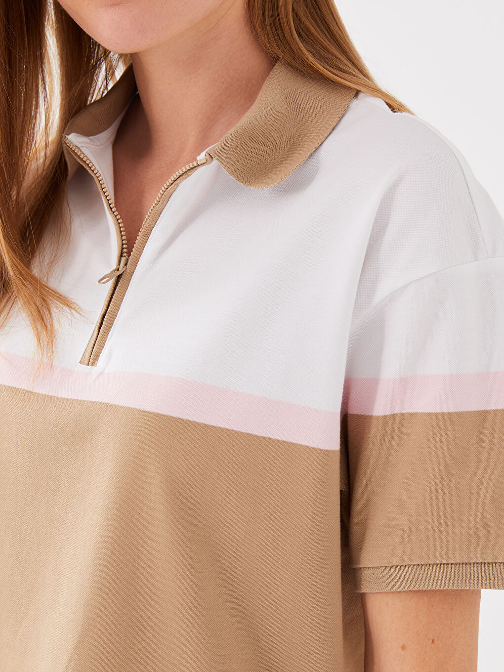 Polo Neck Color Block Short Sleeve Women's T-Shirt-3