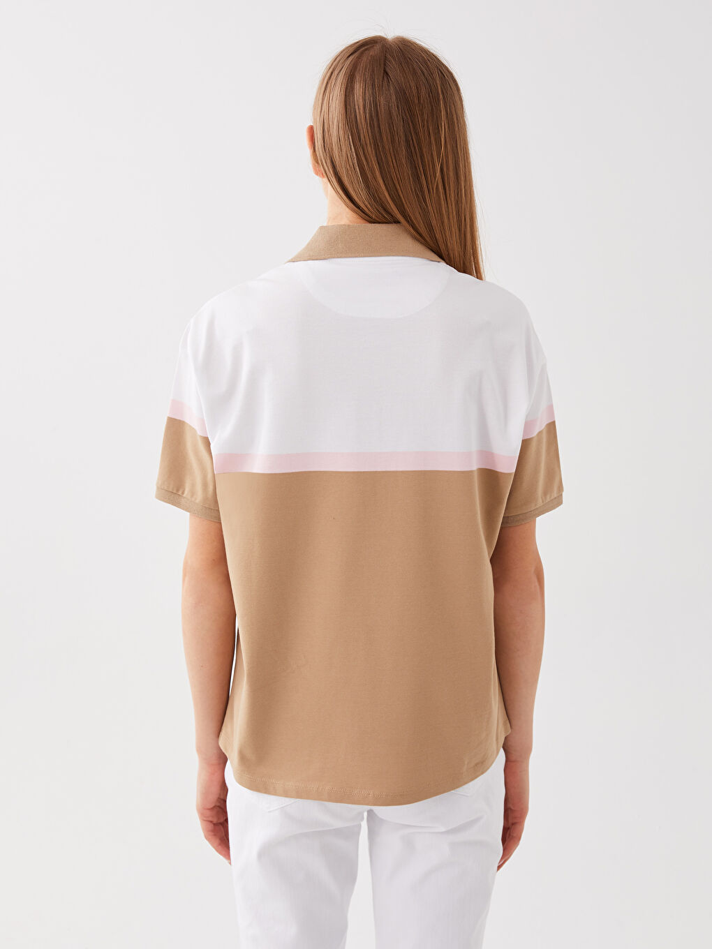 Polo Neck Color Block Short Sleeve Women's T-Shirt-4