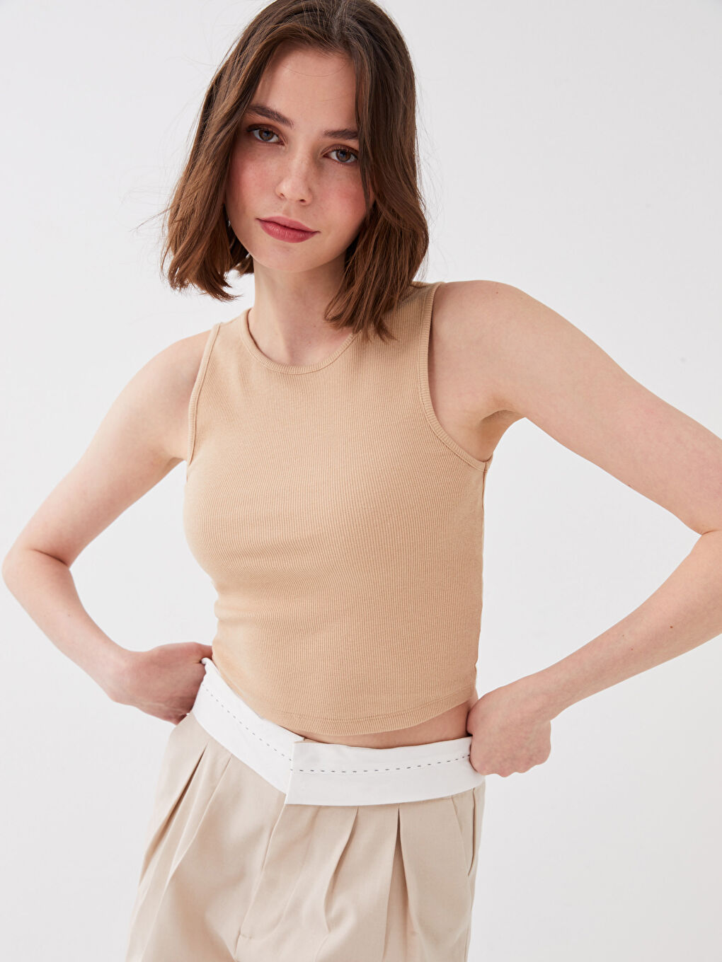 Bej Kadın Bisiklet Yaka Düz Crop