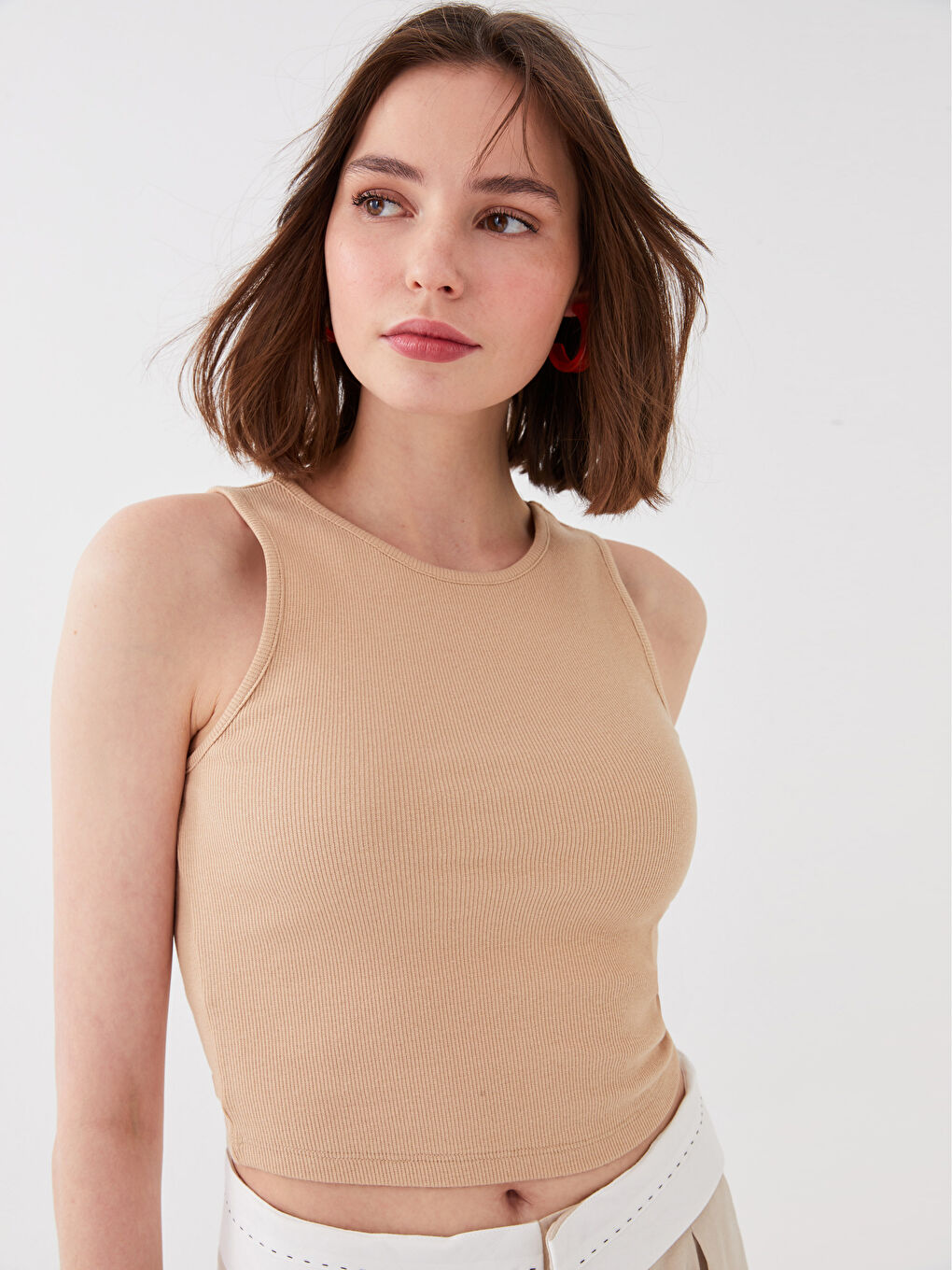 Bej Kadın Bisiklet Yaka Düz Crop-1